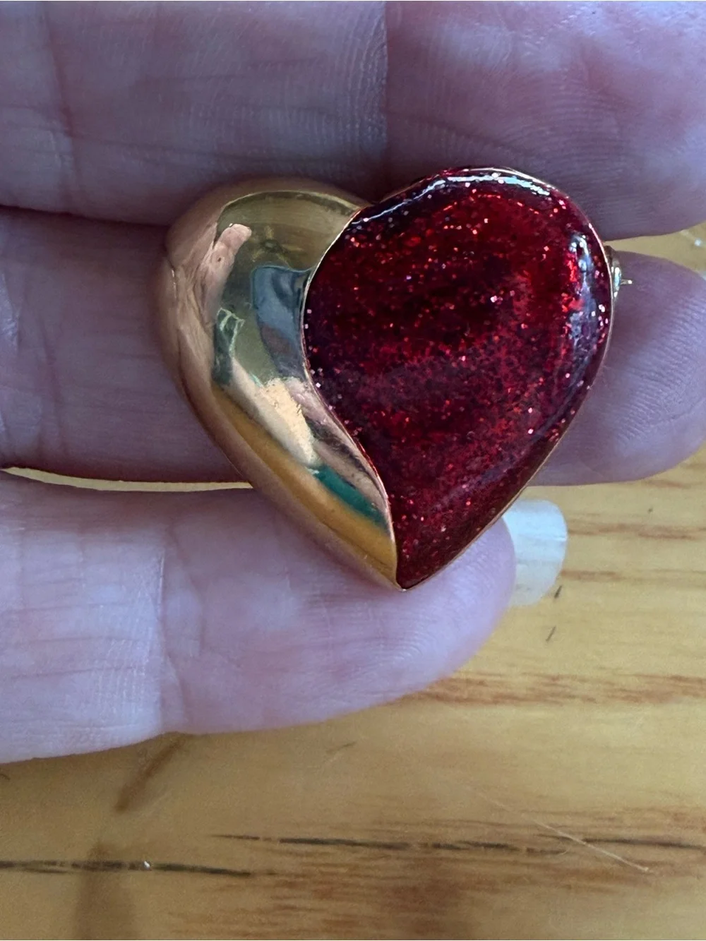 Gold and Red Heart Brooch Necklace - Glitter Enamel Accent